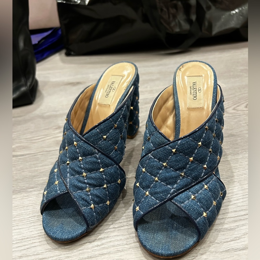 Valentino Rockstud Spike Denim Mule Heel